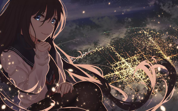 HD desktop wallpaper featuring an anime girl with long brunette hair and blue eyes, wearing a school uniform. She is smiling while standing against a glittering city backdrop at night.