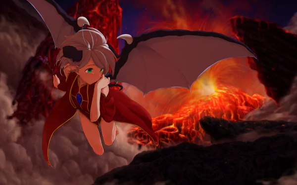 A fantasy-themed anime image featuring a demon with short white hair, green eyes, and horns, wearing a red dress. She has wings and is depicted amidst a fiery volcanic landscape.