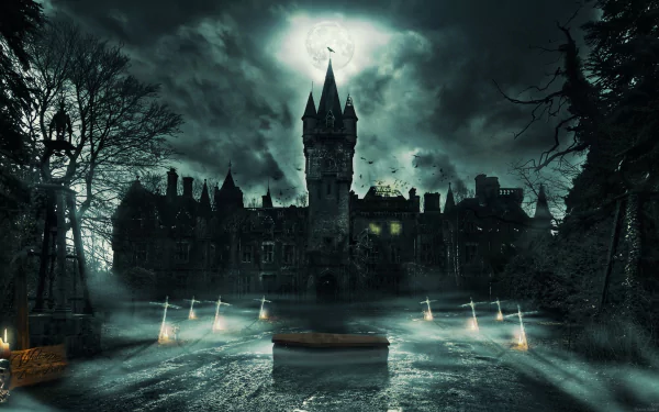 A gothic scene features a dark castle under a full moon, with a coffin illuminated by eerie light, surrounded by skeletons and crosses, creating a haunting atmosphere.