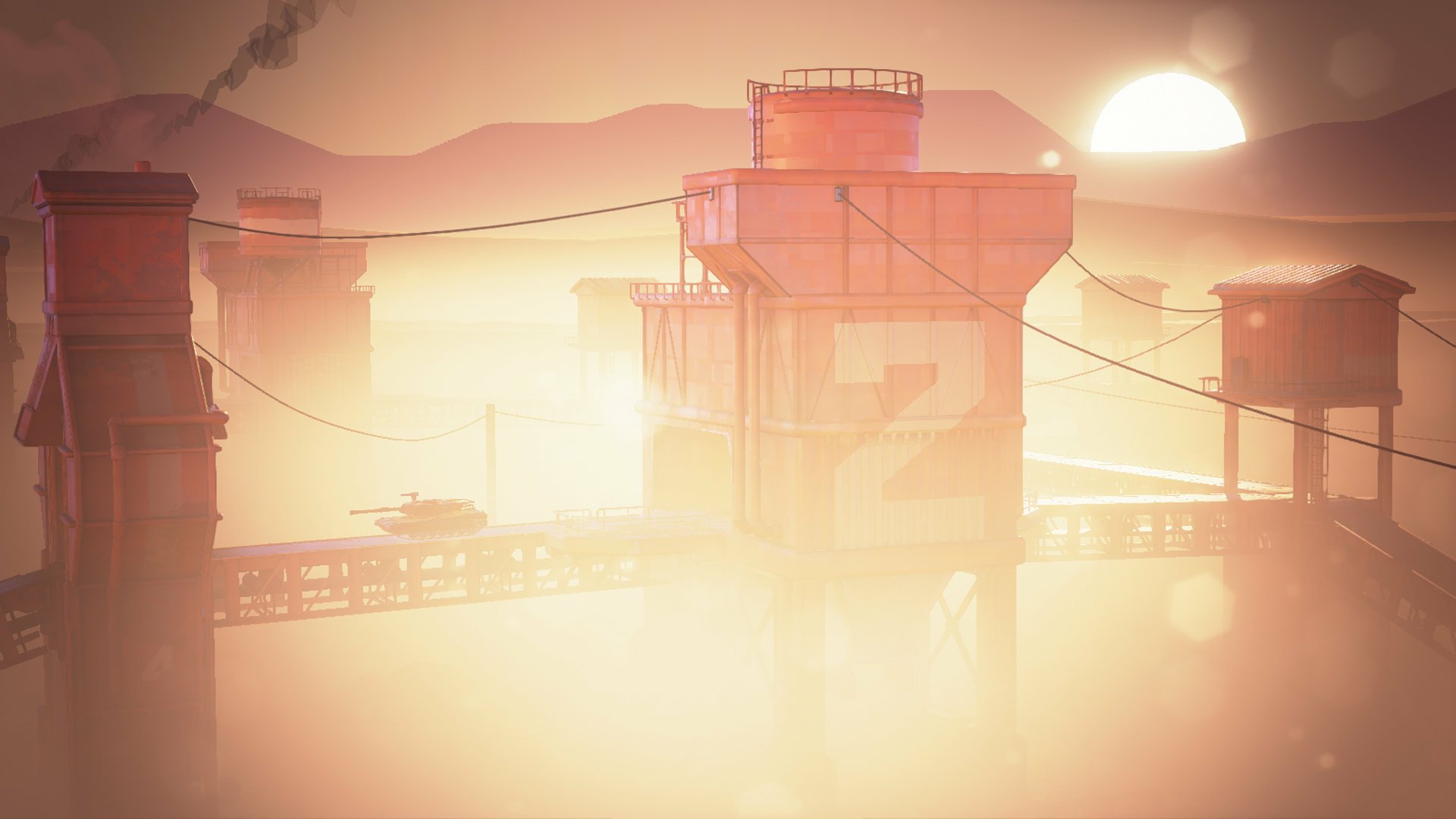 HD desktop wallpaper featuring a hazy, sunlit scene from the game Hardware: Rivals with silhouetted buildings and a tower labeled '2'.