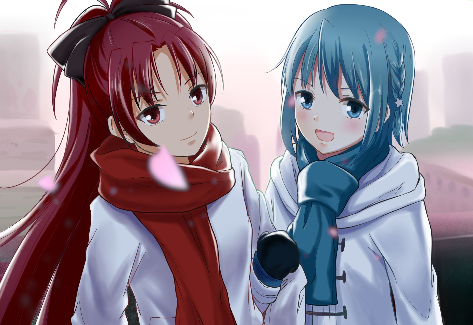 HD anime wallpaper featuring Kyōko Sakura with red hair and eyes and Sayaka Miki with blue hair and eyes, both wearing scarves and gloves amidst falling flower petals.