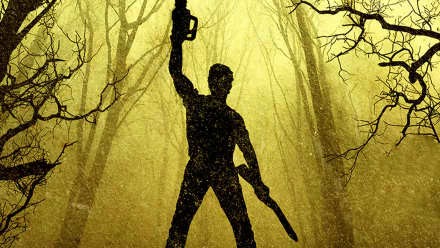 HD PC desktop wallpaper of Ash from the TV show Ash vs. Evil Dead, silhouetted with a chainsaw and shotgun against a yellow, eerie forest background.