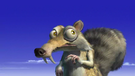 Scrat from Ice Age appears in this HD desktop wallpaper, showcasing his iconic expression against a vibrant blue sky backdrop.