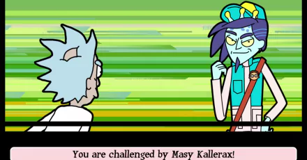 HD wallpaper featuring Rick Sanchez from Rick and Morty: Pocket Mortys game, with the text You are challenged by Masy Kallerax!