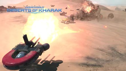 HD wallpaper featuring a dynamic scene from Homeworld: Deserts of Kharak with an explosion and vehicles in a desert setting.