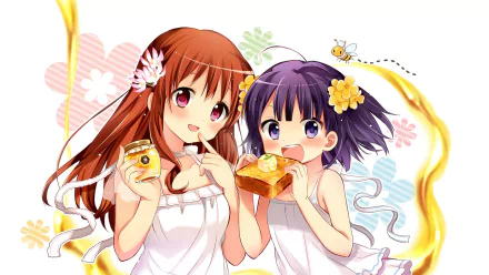 Two anime girls in white dresses share food, surrounded by flowers and a buzzing bee. One has brown hair and pink eyes, while the other has purple hair and purple eyes, capturing a cheerful moment.