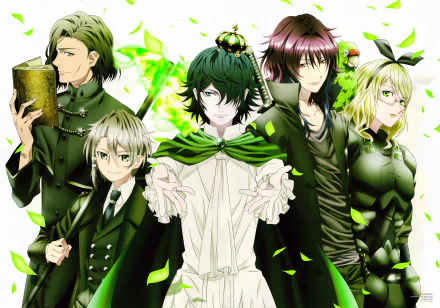 A vibrant HD desktop wallpaper featuring characters Douhan Hirasaka, Kotosaka, Nagare Hisui, Yukari Mishakuji, Tenkei Iwafune, and Sukuna Gojo from the anime K Project against a floral backdrop.
