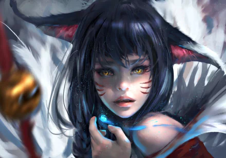 HD PC desktop wallpaper featuring Ahri from the video game League of Legends, showcasing her striking gaze and mystical aura.