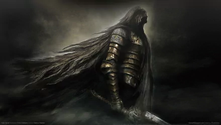 A warrior in intricate armor stands tall against a dark, moody background, inspired by fantasy elements from the video game Dark Souls II. This HD image captures a sense of adventure.