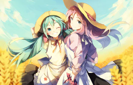 Two anime characters, Hatsune Miku with blue hair and Luka Megurine with pink hair, smile and wink in a golden field, dressed in aprons and straw hats under a bright sky.