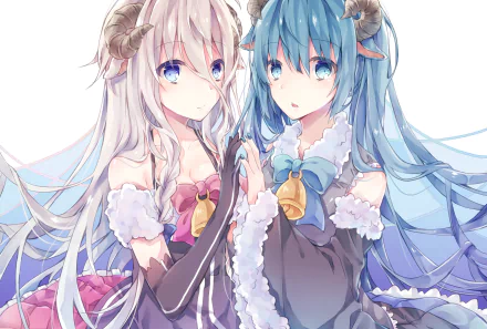 Two anime characters, one with blue hair and the other with white hair, both having blue eyes, horns, and animal ears, wearing skirts, gloves, and bows. HD desktop wallpaper featuring Vocaloids IA and Hatsune Miku.
