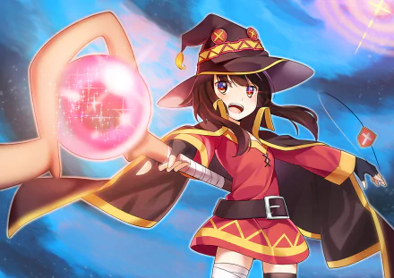 HD desktop wallpaper featuring Megumin from KonoSuba, showcasing her in vibrant colors as she casts a spell with her signature magic staff in a fantastical background.