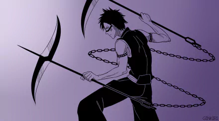Black and white sketch of Hisagi Shūhei from Bleach with short black hair, wielding a chained weapon, featured in a high-definition anime desktop wallpaper.