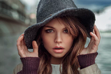 A brunette woman with green eyes, wearing a hat, is featured in this HD desktop wallpaper with a bokeh background. The image is tagged with Anastasiya Scheglova.