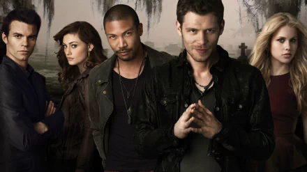 HD desktop wallpaper featuring characters from the TV show The Originals, set against a dark, atmospheric background with a graveyard theme.