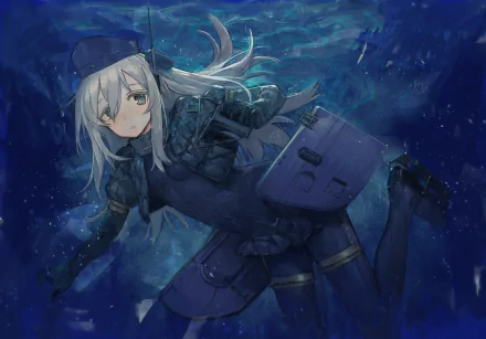 Anime-style HD wallpaper of U-511 from Kantai Collection with long white hair, blush, wearing a uniform and hat, set against an underwater blue background.