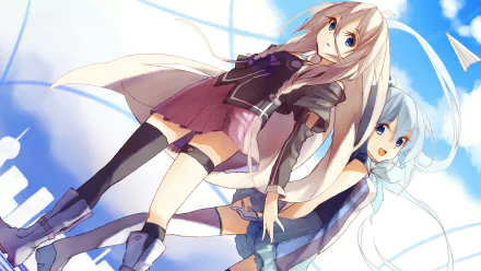 A vibrant anime scene featuring Aoki Lapis and IA, both with striking blue and white long hair, smiling and dressed in stylish outfits, set against a bright sky backdrop.