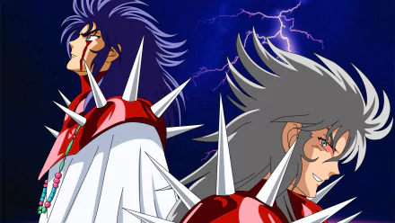 HD anime desktop wallpaper featuring Gemini Kanon and Gemini Saga from Saint Seiya, set against a dramatic stormy sky with lightning.