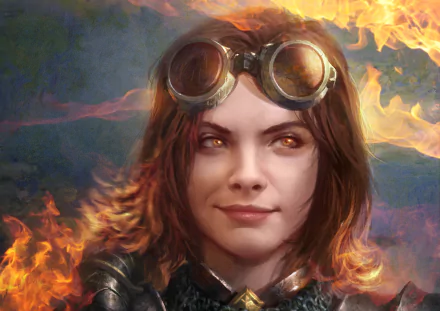 HD desktop wallpaper featuring Chandra Nalaar from Magic: The Gathering, with brown hair, fiery eyes, a confident smile, and goggles amidst flames.