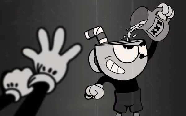 HD desktop wallpaper featuring the character Cuphead in a dynamic pose with exaggerated hand gestures on a dark background.