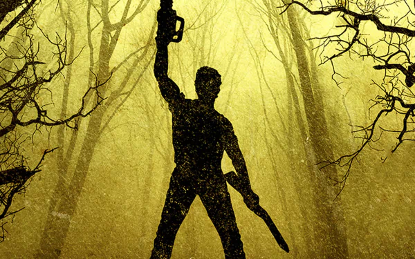HD PC desktop wallpaper of Ash from the TV show Ash vs. Evil Dead, silhouetted with a chainsaw and shotgun against a yellow, eerie forest background.