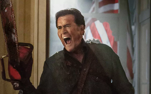 HD desktop wallpaper featuring a dramatic scene from the TV show Ash vs. Evil Dead, showing the protagonist wielding a chainsaw with intense expression.