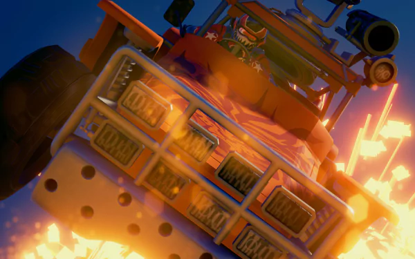 HD wallpaper featuring an explosive scene from the game Hardware: Rivals with a detailed vehicle amid fiery action.