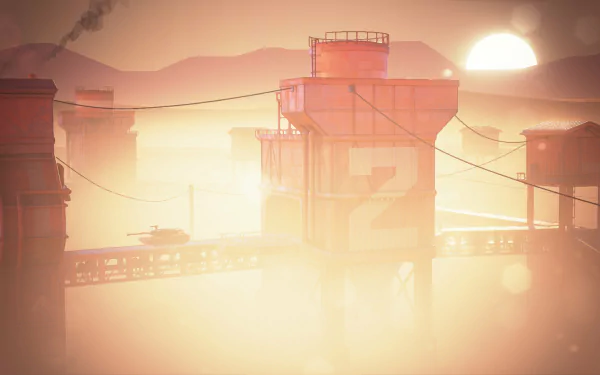 HD desktop wallpaper featuring a hazy, sunlit scene from the game Hardware: Rivals with silhouetted buildings and a tower labeled '2'.