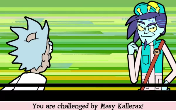HD wallpaper featuring Rick Sanchez from Rick and Morty: Pocket Mortys game, with the text You are challenged by Masy Kallerax!