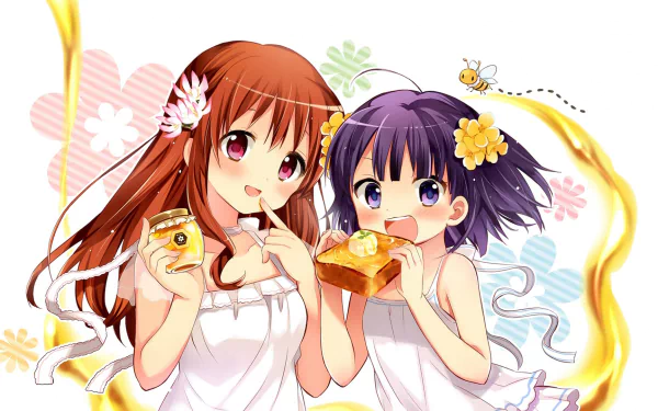 Two anime girls in white dresses share food, surrounded by flowers and a buzzing bee. One has brown hair and pink eyes, while the other has purple hair and purple eyes, capturing a cheerful moment.