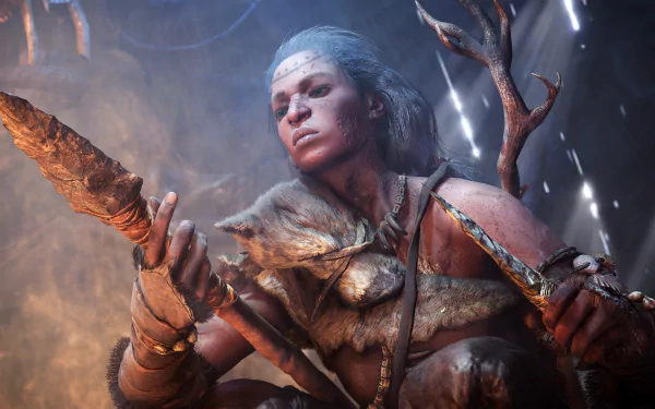 HD PC desktop wallpaper from the video game Far Cry Primal, featuring a fierce tribal warrior holding a primitive weapon in a dramatic, cave-like setting.
