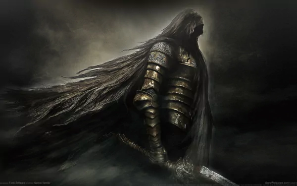 A warrior in intricate armor stands tall against a dark, moody background, inspired by fantasy elements from the video game Dark Souls II. This HD image captures a sense of adventure.