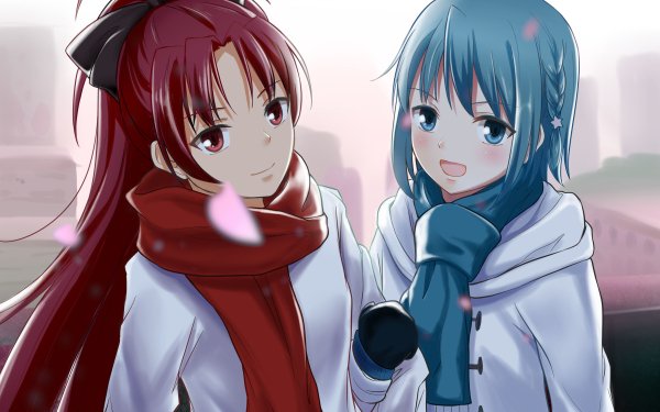 Anime Puella Magi Madoka Magica Sayaka Miki Kyōko Sakura Long Hair Short Hair Scarf Ponytail Red Hair Blue Hair Blue Eyes Red Eyes Flower Glove HD Wallpaper | Background Image