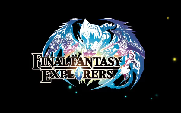 HD desktop wallpaper featuring Final Fantasy Explorers logo with stylized characters and creatures on a starry background.
