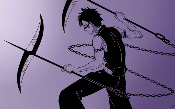 Black and white sketch of Hisagi Shūhei from Bleach with short black hair, wielding a chained weapon, featured in a high-definition anime desktop wallpaper.