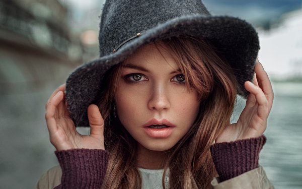 Women Anastasiya Scheglova Hat Bokeh Brunette Green Eyes HD Wallpaper | Background Image