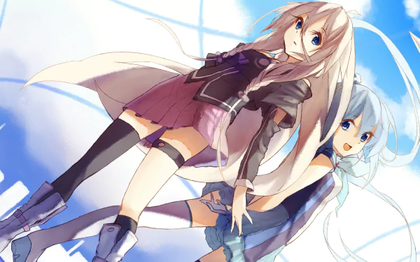 A vibrant anime scene featuring Aoki Lapis and IA, both with striking blue and white long hair, smiling and dressed in stylish outfits, set against a bright sky backdrop.