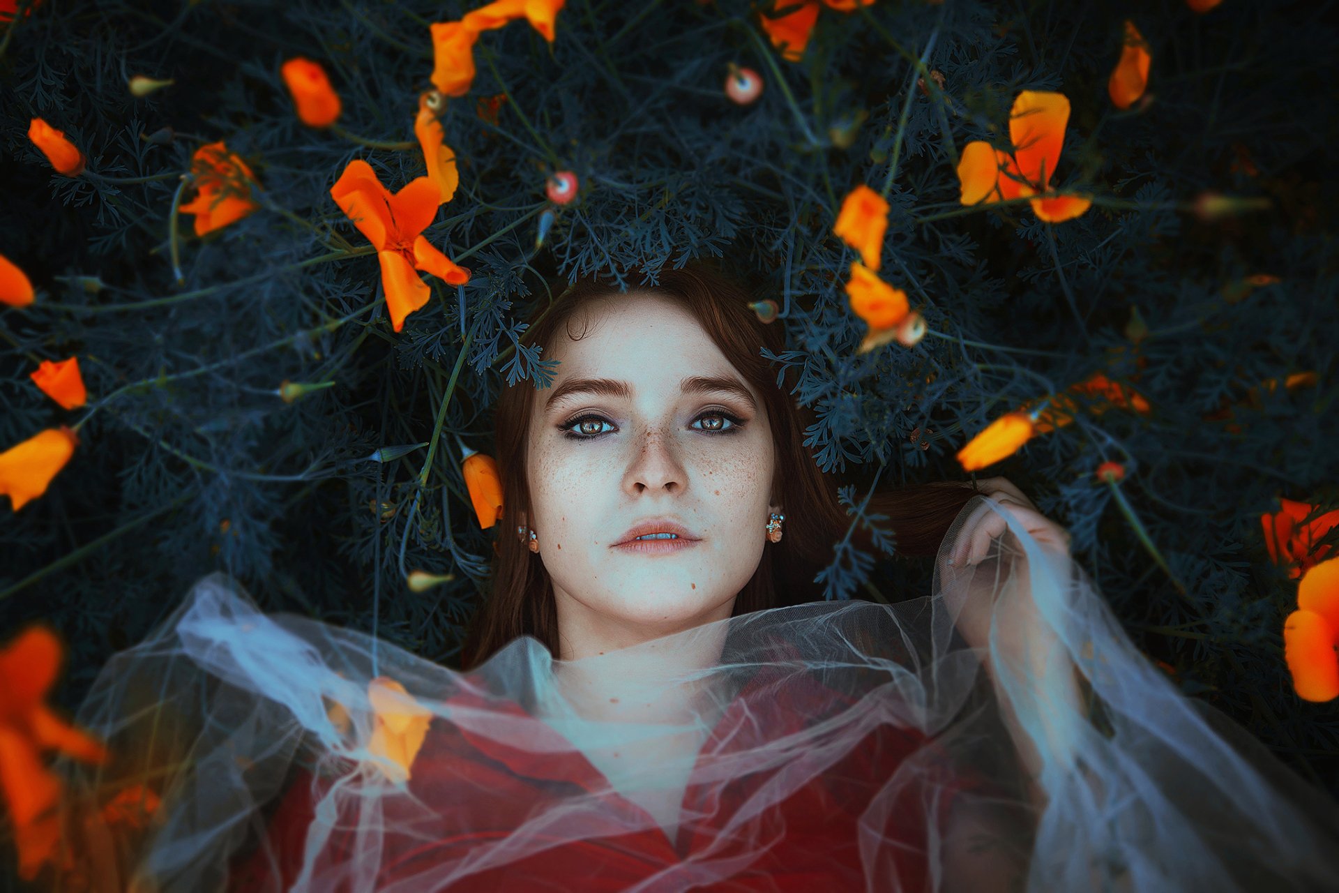 Brunette woman with freckles and brown eyes lies among vibrant orange flowers, wearing delicate earrings and a translucent veil in this HD desktop wallpaper.
