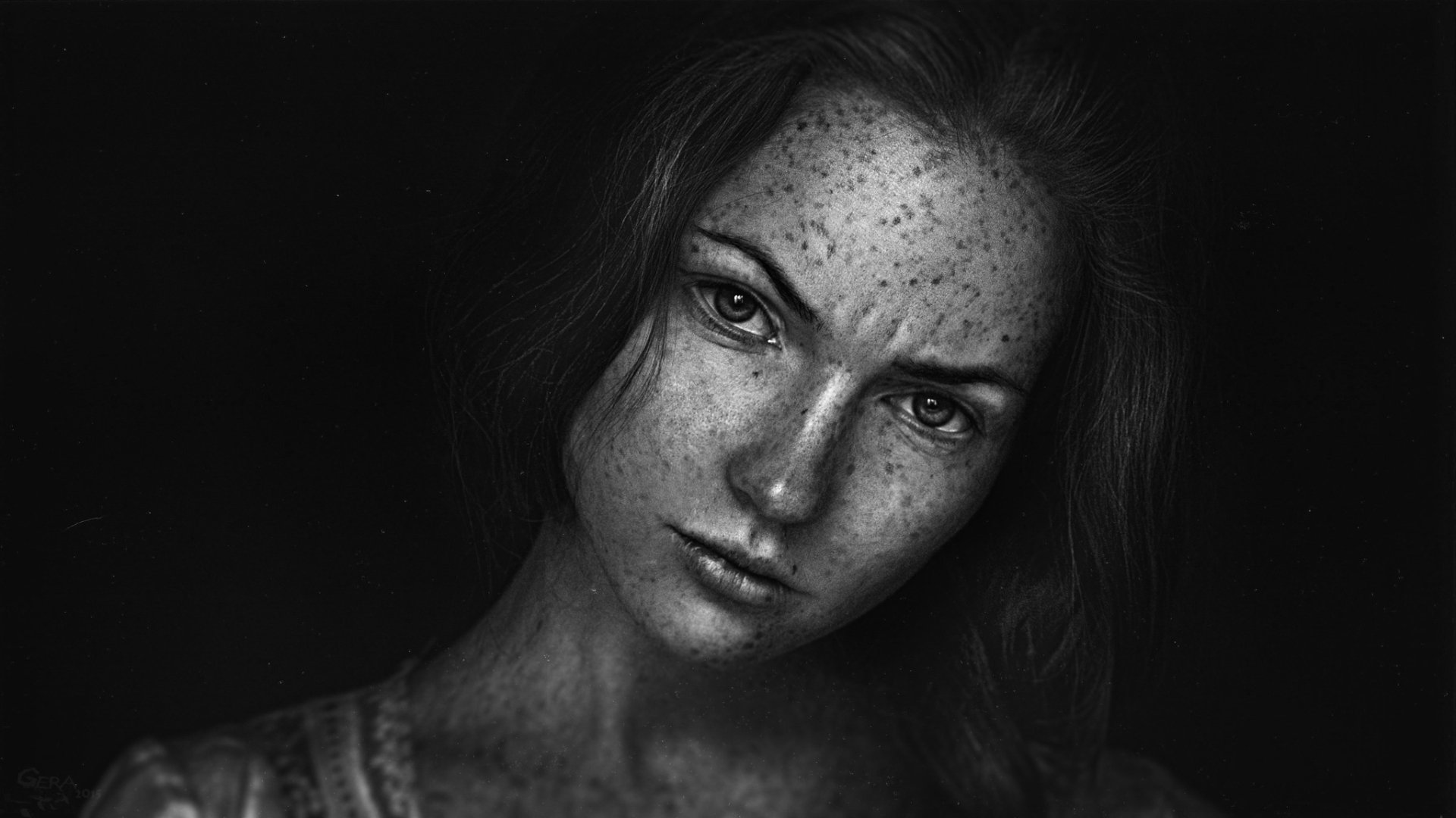 Download Black & White Freckles Woman Model HD Wallpaper by Georgy Chernyadyev