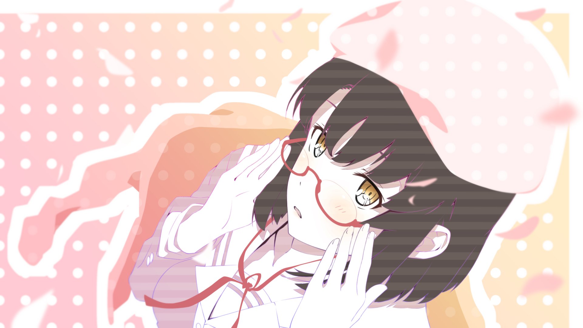 Anime HD wallpaper of Megumi Katō from Saekano: How to Raise a Boring Girlfriend, featuring her with short brown hair, glasses, and a hat in a soft pastel design.