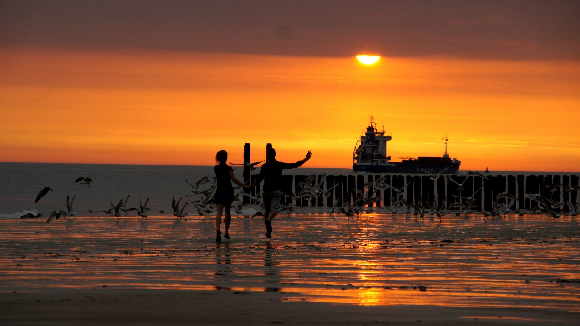 4K Ultra HD PC desktop wallpaper photography: sunset beach scene with silhouetted couple embracing, seagulls in flight and a ship on the horizon reflected in golden wet sand — love.
