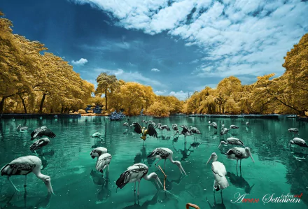 Infrared photography captures flamingos wading in vibrant teal water beneath golden trees, creating a striking HD PC desktop wallpaper and background.