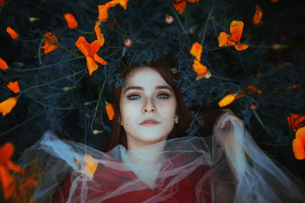 Brunette woman with freckles and brown eyes lies among vibrant orange flowers, wearing delicate earrings and a translucent veil in this HD desktop wallpaper.