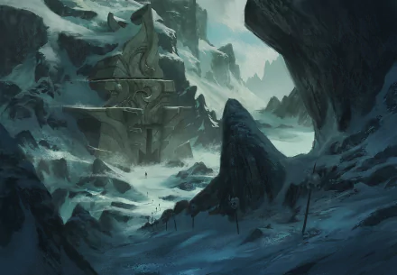 A fantasy landscape featuring a colossal skull-shaped building nestled in snowy mountains under a dark, wintery sky, captured in HD for a striking desktop wallpaper.