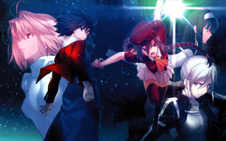 Melty Blood video game 2K Quad HD PC desktop wallpaper and background: four characters in dynamic pose against a starlit, blue-black cosmic backdrop, vivid lighting and motion.