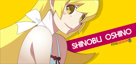 Anime wallpaper of Shinobu Oshino from Monogatari — blonde hair, yellow eyes, smiling close-up with a bright yellow background and pink name banner; 8K Ultra HD PC desktop wallpaper.