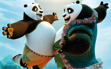 HD desktop wallpaper featuring Po and Li Shan from the movie Kung Fu Panda 3, joyfully embracing against a bright and serene background.