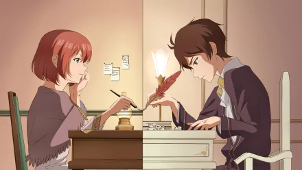A vibrant HD wallpaper featuring Raji Shenazard and Shirayuki from Snow White with the Red Hair. The scene captures their thoughtful expressions and creative atmosphere.