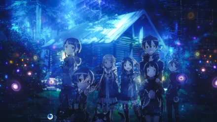 HD desktop wallpaper featuring characters Asuna Yuuki, Yui, Kirito, Yuuki Konno, and Sinon from Sword Art Online and Sword Art Online II, standing in front of a glowing blue cabin.