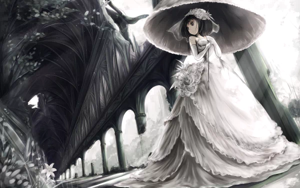 A fantasy scene featuring a bride in a flowing white dress, holding an umbrella, with black hair and eyes, set against a ruin adorned with flowers. Anime style, HD quality wallpaper.